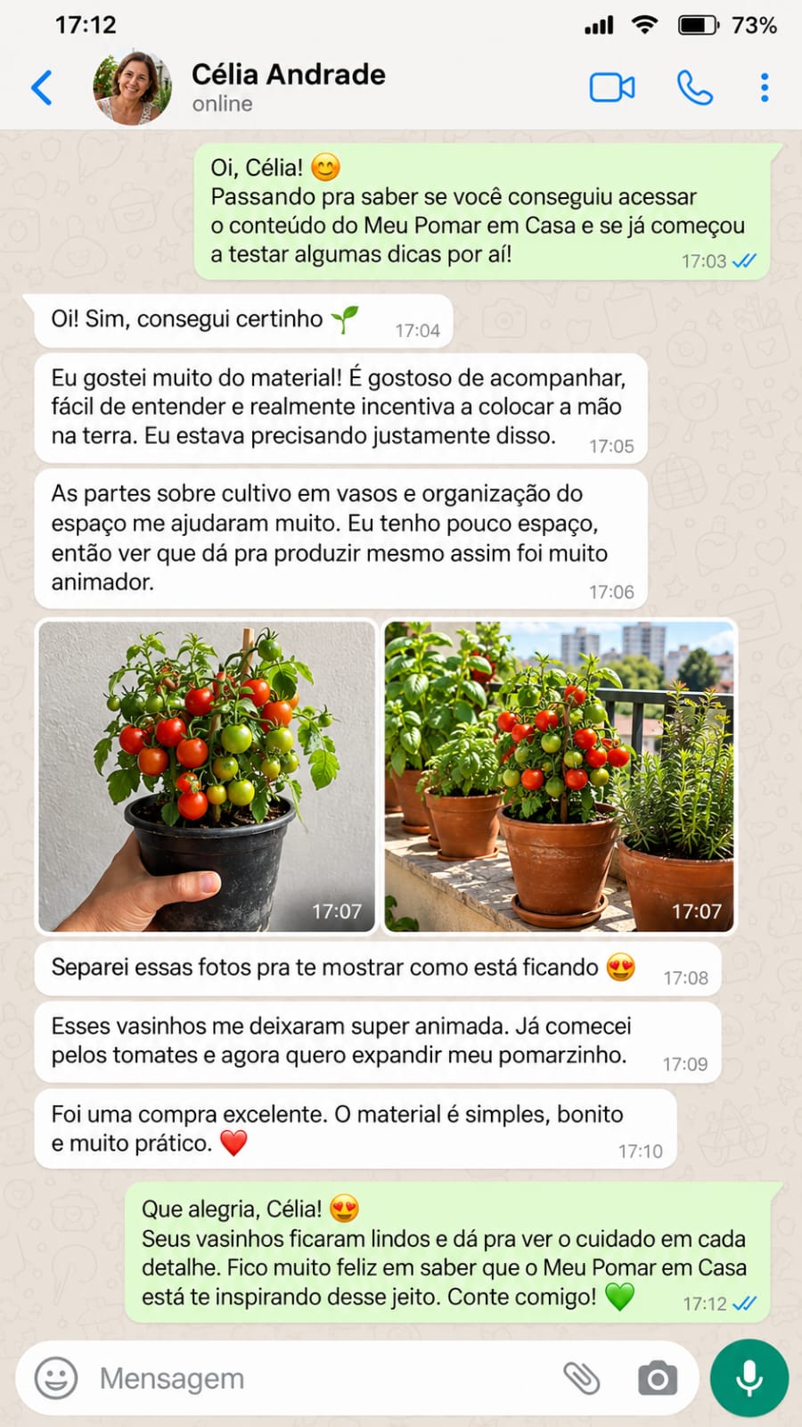 Captura de conversa enviada: Célia, com mensagens sobre o Meu Pomar em Casa e fotos de cultivo.