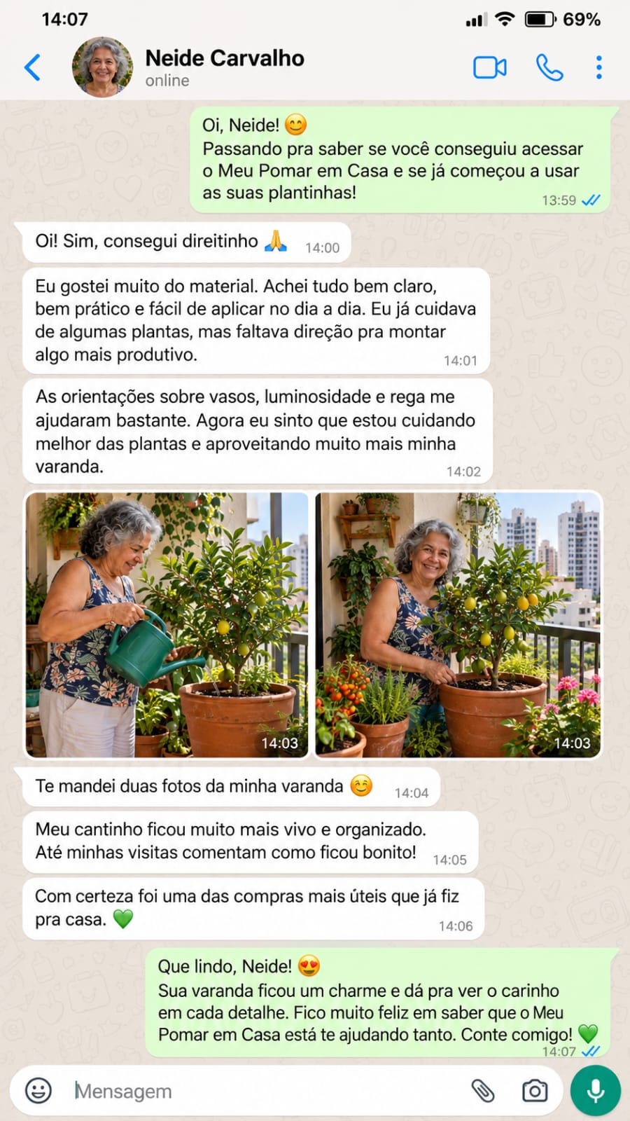 Captura de conversa enviada: Neide, com mensagens sobre o Meu Pomar em Casa e fotos de cultivo.