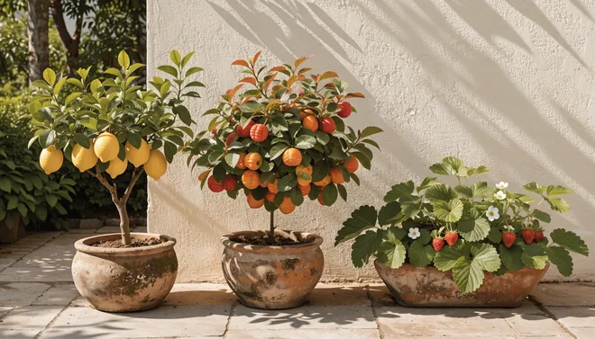Frutíferas em vasos em um pátio.