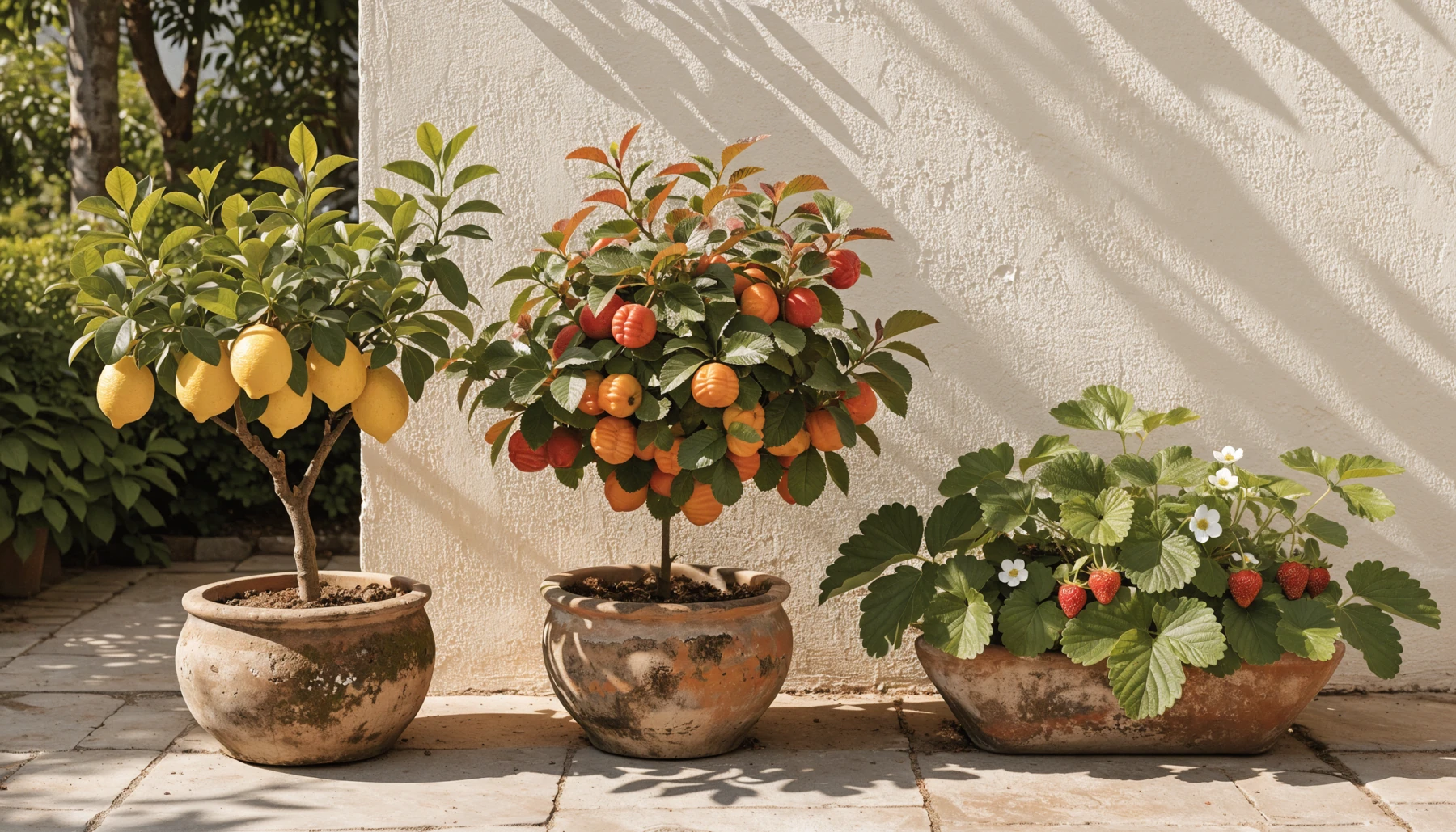 Frutíferas em vasos em um pátio.