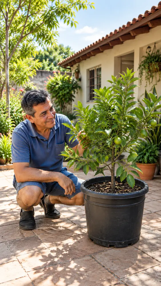 Homem cuidando de um limoeiro em vaso no jardim.