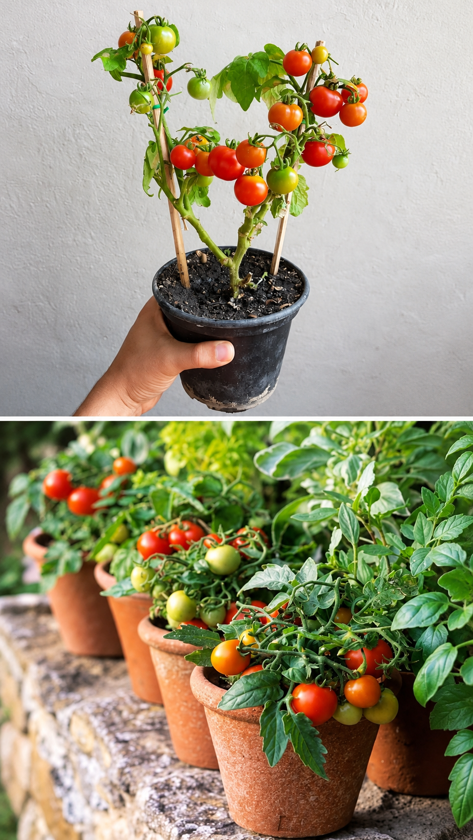 Tomates-cereja cultivados em vasos de diferentes tamanhos.
