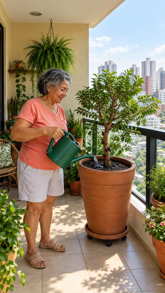 Mulher regando uma árvore frutífera em vaso na varanda.