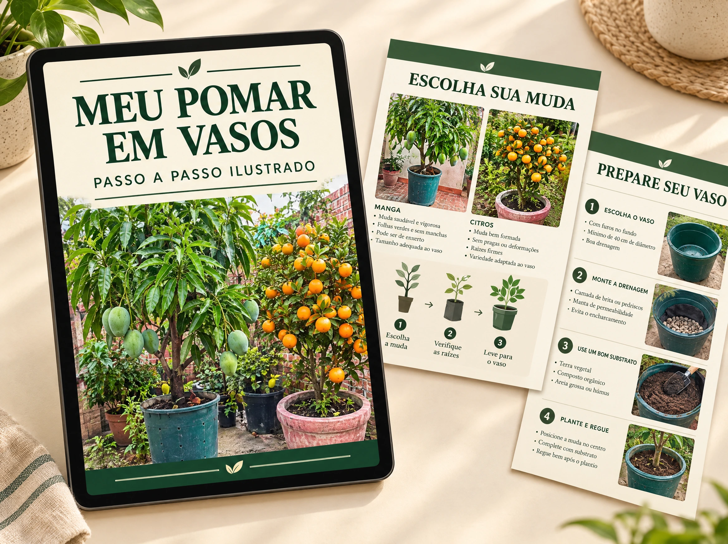 Mockup do guia digital Meu Pomar em Vasos com páginas ilustradas.