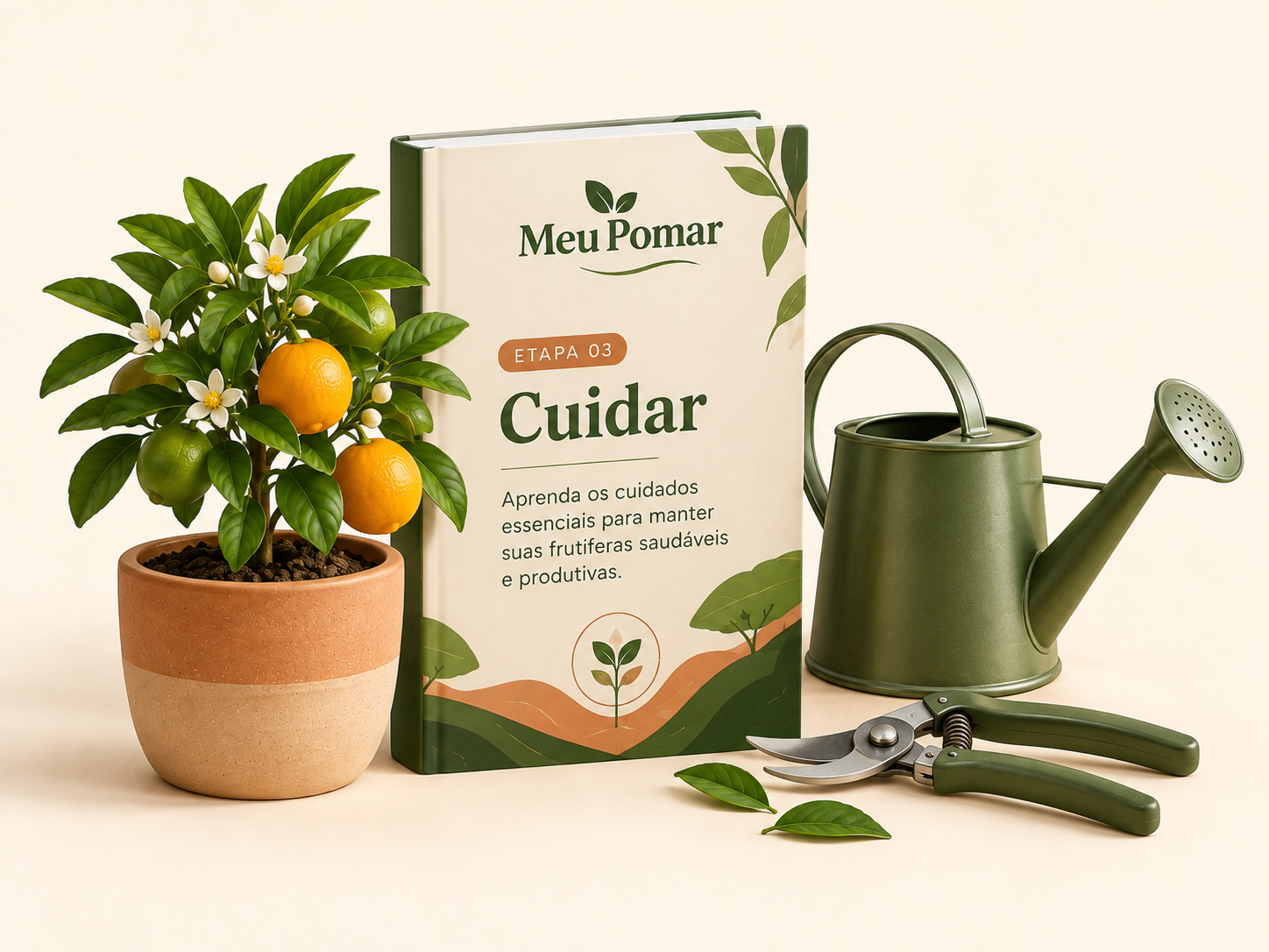 Capa do módulo cuidar do Meu Pomar, com plantas e materiais de cultivo.
