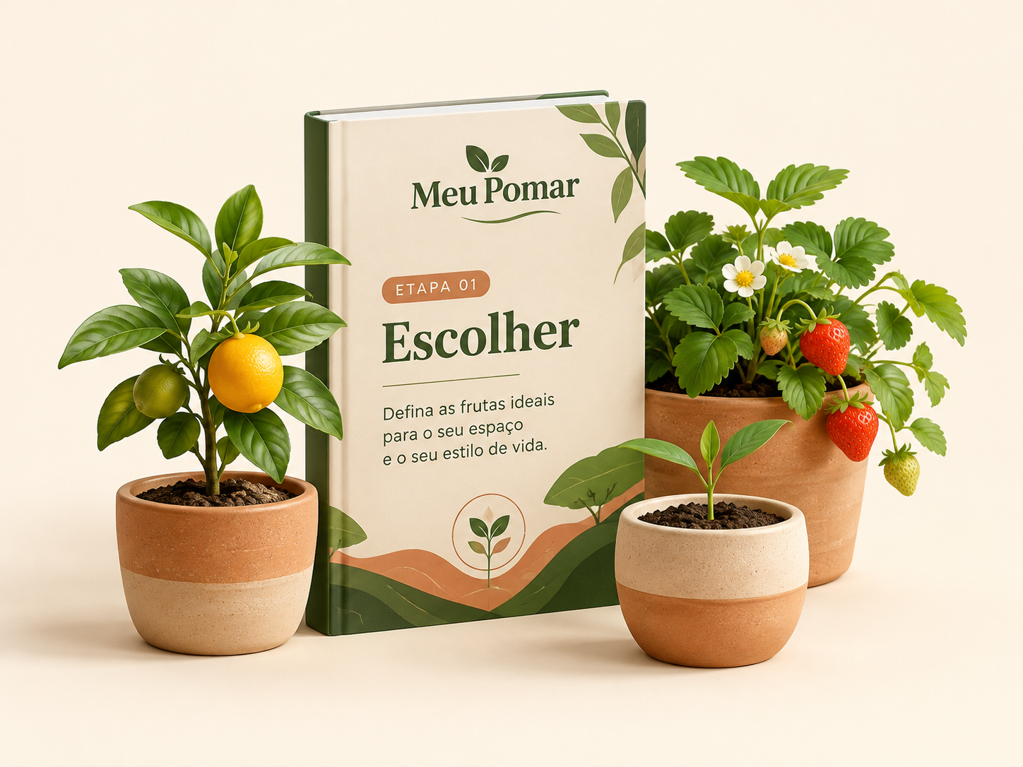 Capa do módulo escolher do Meu Pomar, com plantas e materiais de cultivo.