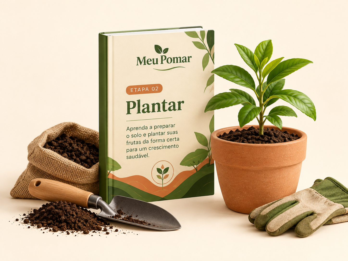 Capa do módulo plantar do Meu Pomar, com plantas e materiais de cultivo.